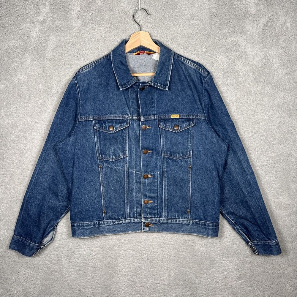 Vintage Rustler Denim Blue Jean Jacket USA Made Western Wear Trucker Mens L